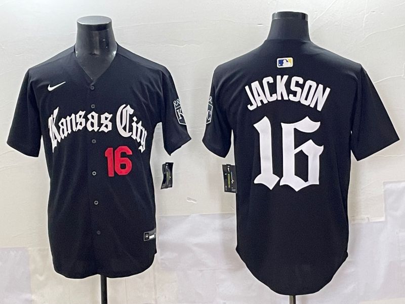 Men 2025 Kansas City Royals #16 Jackson Black Five generations Joint Name Nike MLB Jersey style 7